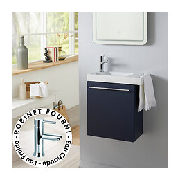 Meuble Lave-mains Bleu Nuit Avec Porte Serviette En Céramique Et Mitigeur Eau Chaude/eau Froide À Gauche