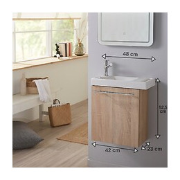 Meuble Lave-mains Couleur Chêne Oak Bordolino + Lave-mains + Mitigeur Eau Chaude-eau Froide