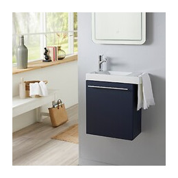 Meuble Lave-mains Bleu Nuit Avec Porte Serviette En Céramique Et Mitigeur Eau Chaude/eau Froide À Gauche