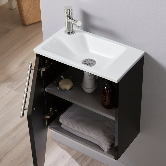 Meuble Lave-mains Pour Wc Noir Avec Vasque Contemporaine En Solid Stone Et Mitigeur