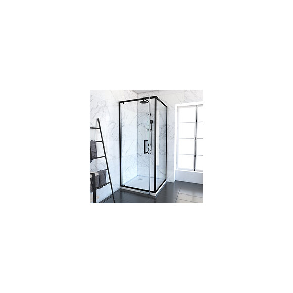 Paroi Porte De Douche Pivotante + Retour 90x90cm - Profile Noir Mat - Verre 6mm - Crush 90-90