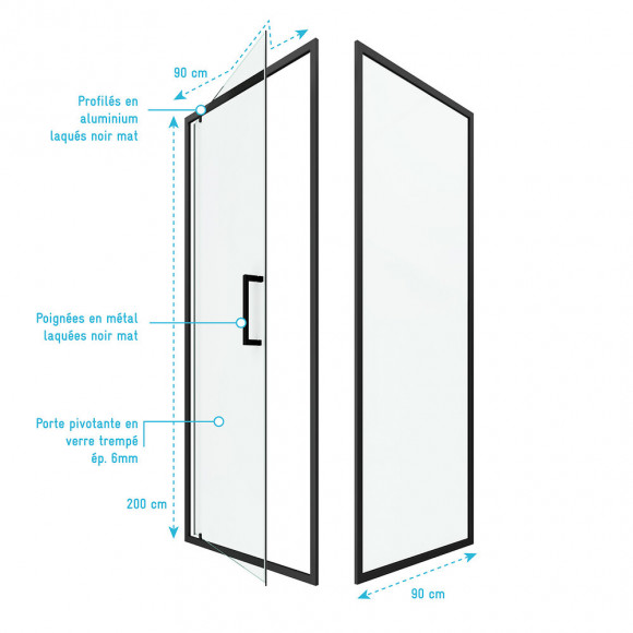 Paroi Porte De Douche Pivotante + Retour 90x90cm - Profile Noir Mat - Verre 6mm - Crush 90-90