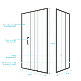 Pack Paroi Porte De Douche Serigraphiee - 120x200cm + Paroi Retour - 90x200 Cm - Porte Coulissante