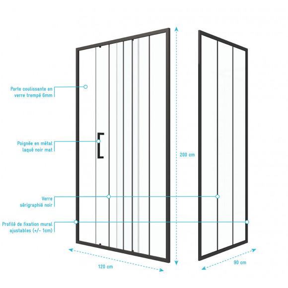 Pack Paroi Porte De Douche Serigraphiee - 120x200cm + Paroi Retour - 90x200 Cm - Porte Coulissante