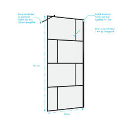 Paroi De Douche A L'italienne Serigraphie Type Brique - 90x195cm - Profile Noir Mat - Verre 5mm