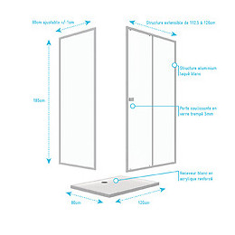 Pack Porte De Douche Coulissante Blanc 120x185 Cm + Paroi De Retour 80cm + Receveur À Poser - Whity