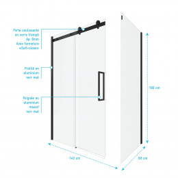 Paroi Porte De Douche Coulissante 140x200 Cm Noir Mat - Rail Soft Close + Retour 80 Cm
