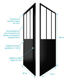 Pack Paroi Porte De Douche Pivotante + Paroi Retour Atelier - 90x200cm Profile Noir Mat - Verre 5mm