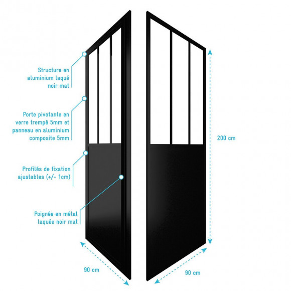 Pack Paroi Porte De Douche Pivotante + Paroi Retour Atelier - 90x200cm Profile Noir Mat - Verre 5mm