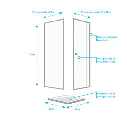 Pack Porte De Douche Pivotante Blanc Extensible 79 À 90cm + Paroi De Retour 90 + Receveur A Poser