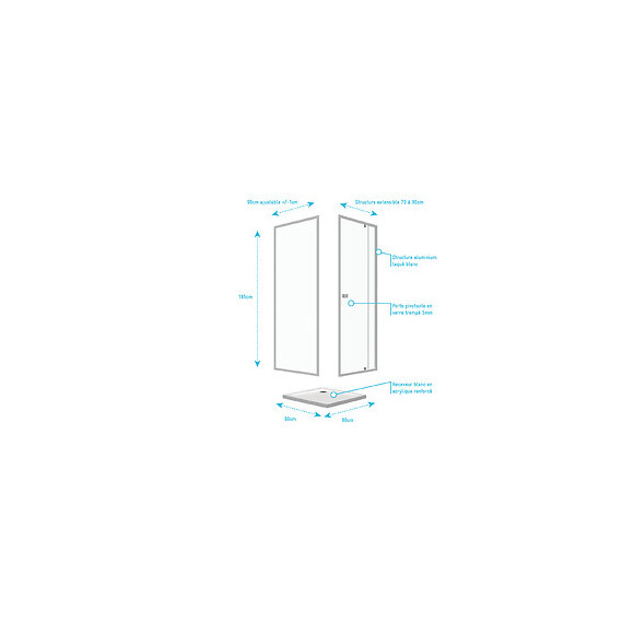 Pack Porte De Douche Pivotante Blanc Extensible 79 À 90cm + Paroi De Retour 90 + Receveur A Poser