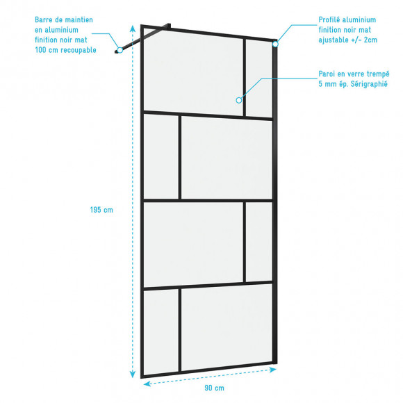 Paroi De Douche A L'italienne Serigraphie Type Brique - 90x195cm - Profile Noir Mat - Verre 5mm
