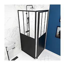Pack Paroi Porte De Douche Pivotante + Paroi Retour Atelier - 90x200cm Profile Noir Mat - Verre 5mm