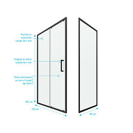 Paroi Porte De Douche Coulissante + Retour 120x80cm - Profile Noir Mat - Verre 6mm - Crush 120-80