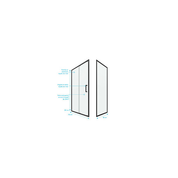 Paroi Porte De Douche Coulissante + Retour 120x80cm - Profile Noir Mat - Verre 6mm - Crush 120-80