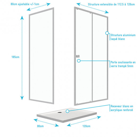 Pack Porte De Douche Coulissante Blanc 120x185 Cm + Paroi De Retour 80cm + Receveur À Poser - Whity