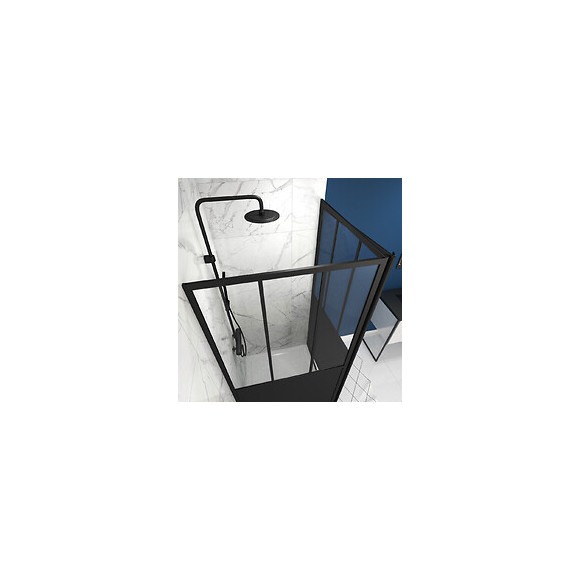 Pack Paroi Porte De Douche Pivotante + Paroi Retour Atelier - 90x200cm Profile Noir Mat - Verre 5mm