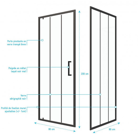 Pack Paroi Porte De Douche Serigraphiee - 80x200cm + Paroi Retour - 80x200 Cm - Porte Pivotante