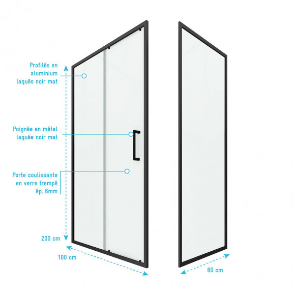 Paroi Porte De Douche Coulissante + Retour 100x80cm - Profile Noir Mat - Verre Transparent 6mm
