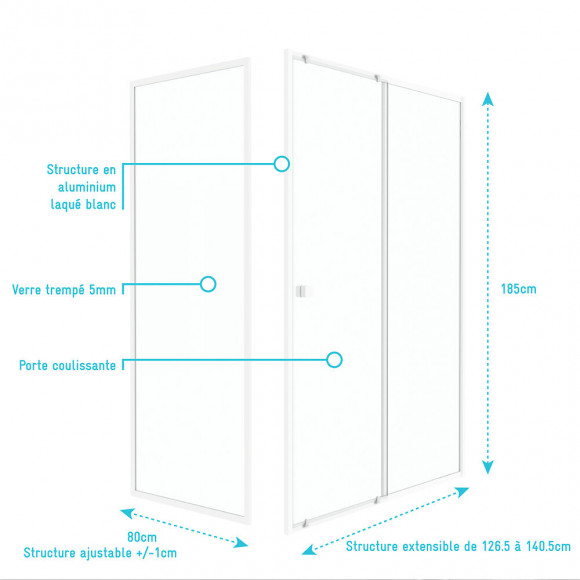 Pack Porte De Douche Coulissante Blanc 140x185cm + Retour 80 Verre Transparent 5mm - Whity Slide