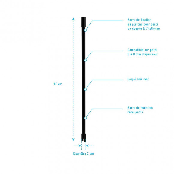 Barre De Fixation Plafond Pour Douche A L'italienne Laque Noir Mat - 60cm Recoupable