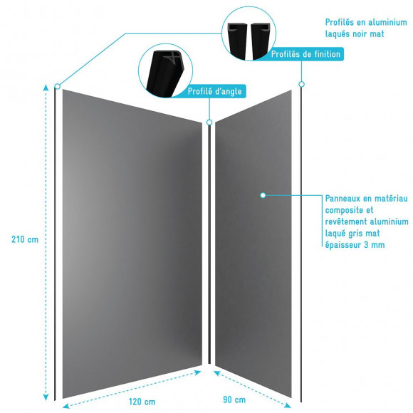 Pack Panneaux Muraux Gris - En Aluminium Avec Profile D'angle Et De Finition Anodises Noir Mat