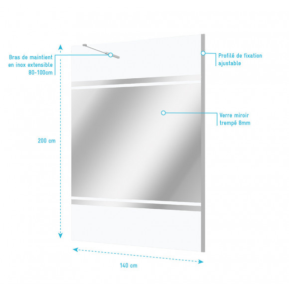 Paroi En Verre Avec Bande Miroir Pour Douche À L'italienne - 140x200 - Bras De Maintien
