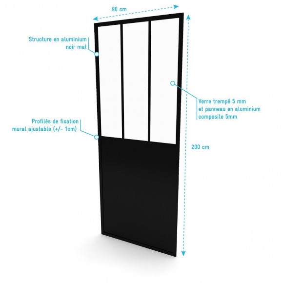 Paroi De Retour Type Atelier - 90x200 Cm - Paroi De Retour - Profile Noir Mat