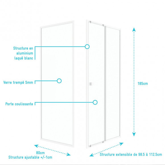 Pack Porte De Douche Coulissante Blanc 100x185cm + Retour 80 Verre Transparent 5mm - Whity Slide 100