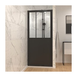 Paroi Porte De Douche A Porte Pivotante Type Atelier - 80x200cm - Profile Noir Mat - Verre 5mm