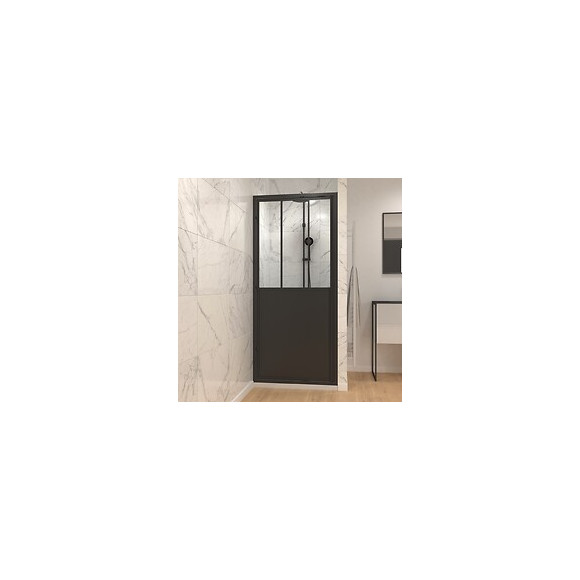 Paroi Porte De Douche A Porte Pivotante Type Atelier - 80x200cm - Profile Noir Mat - Verre 5mm