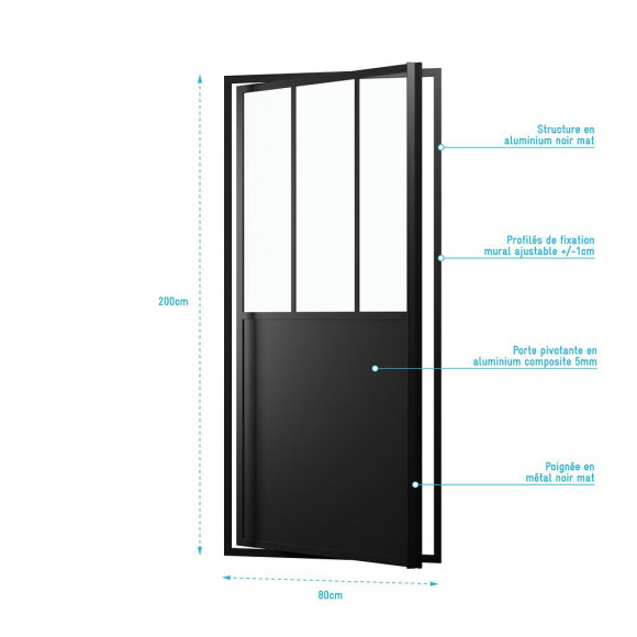 Paroi Porte De Douche A Porte Pivotante Type Atelier - 80x200cm - Profile Noir Mat - Verre 5mm