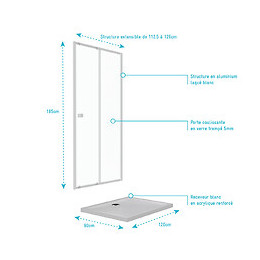 Pack Porte De Douche Coulissante Blanc 120x185cm + Receveur 90x120 - Whity Slide