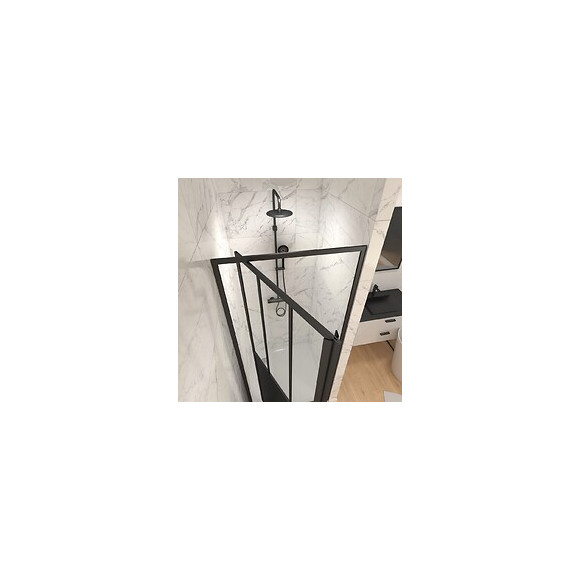 Paroi Porte De Douche A Porte Pivotante Type Atelier - 80x200cm - Profile Noir Mat - Verre 5mm