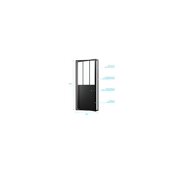 Paroi Porte De Douche A Porte Pivotante Type Atelier - 80x200cm - Profile Noir Mat - Verre 5mm