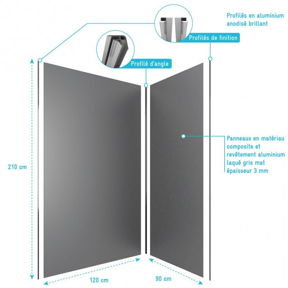 Pack Panneaux Muraux Gris En Aluminium Avec Profile D'angle Et Finition Anodise Brillant- 90 X 120cm