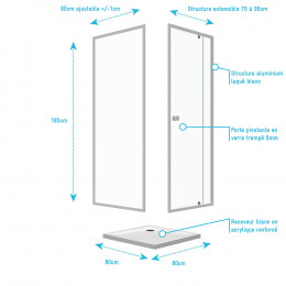 Pack Porte De Douche Pivotante Blanc Extensible 79 À 90cm + Paroi De Retour 80 + Receveur A Poser
