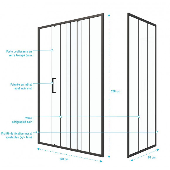 Pack Paroi Porte De Douche Serigraphiee - 140x200cm + Paroi Retour - 90x200 Cm - Porte Coulissante