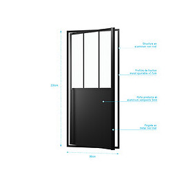 Paroi Porte De Douche A Porte Pivotante Type Atelier - 90x200cm - Profile Noir Mat - Verre 5mm