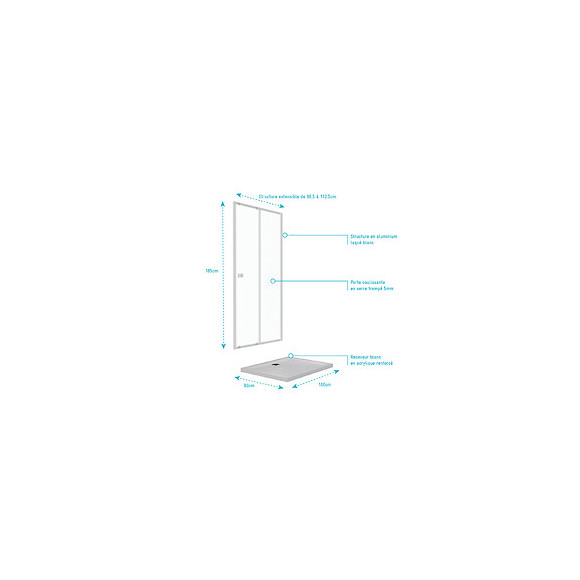 Pack Porte De Douche Coulissante Blanc 100x185cm - Extensible + Receveur 80x100 - Whity Slide