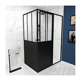 Pack Paroi De Douche Coulissante 140x200 Cm + Retour 90cm Type Atelier - Profile Noir Mat