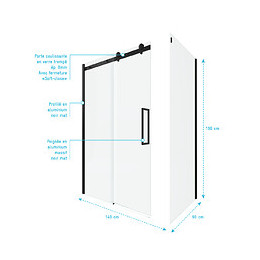 Paroi Porte De Douche Coulissante 140x200 Cm Noir Mat - Rail Soft Close + Retour 90 Cm