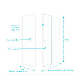 Pack Porte De Douche Coulissante Blanc 120x185cm + Retour 90 Verre Transparent 5mm - Whity Slide 120