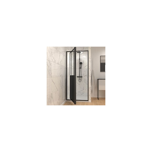 Paroi Porte De Douche A Porte Pivotante Type Atelier - 90x200cm - Profile Noir Mat - Verre 5mm