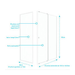 Pack Porte De Douche Coulissante Blanc 140x185cm + Retour 90 Verre Transparent 5mm - Whity Slide