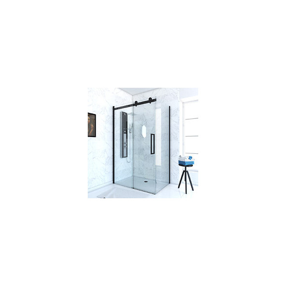 Paroi Porte De Douche Coulissante 120x200 Cm Noir Mat - Rail Soft Close + Retour 90 Cm