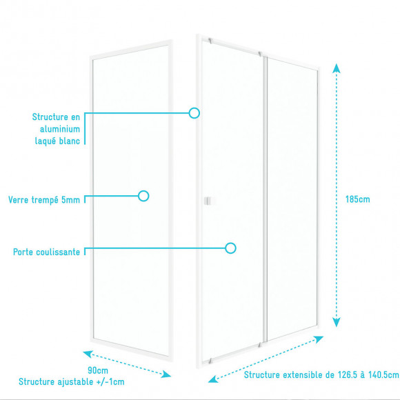 Pack Porte De Douche Coulissante Blanc 140x185cm + Retour 90 Verre Transparent 5mm - Whity Slide