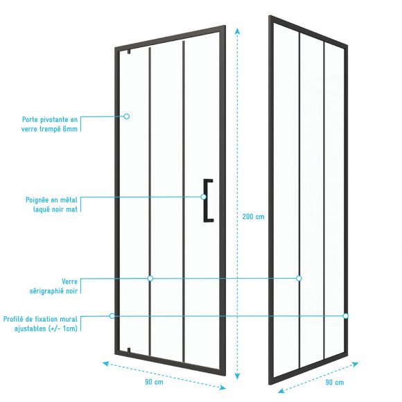 Pack Paroi Porte De Douche Serigraphiee - 90x200cm + Paroi Retour - 90x200 Cm - Porte Pivotante