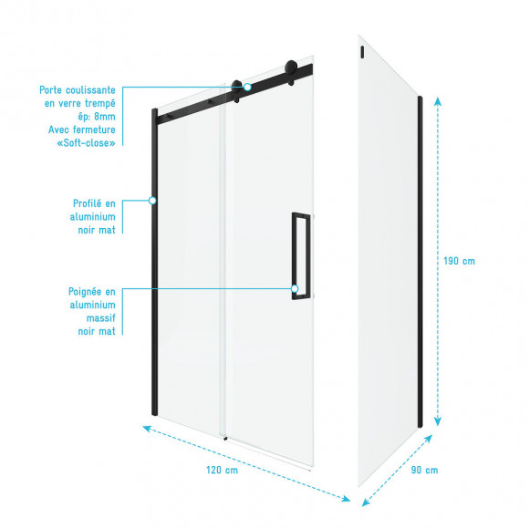 Paroi Porte De Douche Coulissante 120x200 Cm Noir Mat - Rail Soft Close + Retour 90 Cm