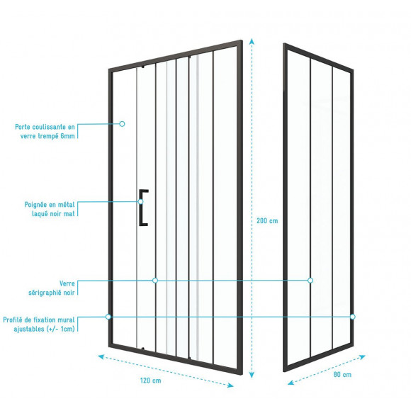 Pack Paroi Porte De Douche Serigraphiee - 120x200cm + Paroi Retour - 80x200 Cm - Porte Coulissante